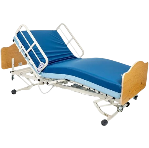 Right Side View Of The Joerns WeCare Hi-Low Adjustable Homecare Bed Shown With Mattress And Quartered Oak Headboard And Footboard With The Head Section In The Raised Position