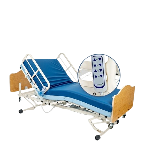 Right Side View Of The Joerns WeCare Hi-Low Adjustable Homecare Bed Shown With Mattress And Quartered Oak Headboard And Footboard With The Head Section In The Raised Position And A Close Up Of The Remote Control