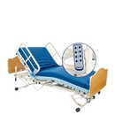 Right Side View Of The Joerns WeCare Hi-Low Adjustable Homecare Bed Shown With Mattress And Quartered Oak Headboard And Footboard With The Head Section In The Raised Position And A Close Up Of The Remote Control