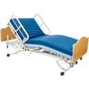 Right Side View Of The Joerns WeCare Hi-Low Adjustable Homecare Bed Shown With Mattress And Quartered Oak Headboard And Footboard With The Head Section In The Raised Position