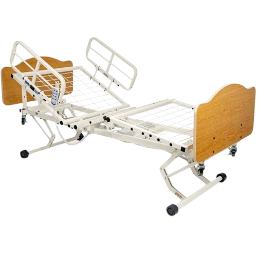 Right Side View Of The Joerns WeCare Hi-Low Adjustable Homecare Bed Shown With Quartered Oak Headboard And Footboard In The Raised Position Without A Mattress