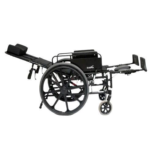 Right Side View Of The Karman KM-5000 Reclining Wheelchair Shown In The Fully Reclined Position