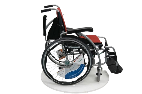 Right Side View Of The Karman S-Ergo 125 Wheelchair Shown With Red Cushions And Silver Frame