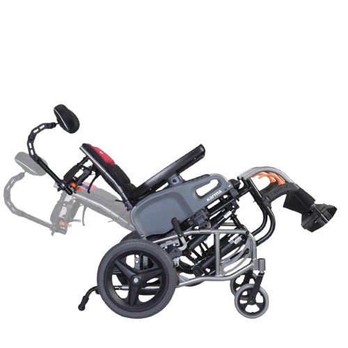 Right Side View Of The Karman VIP2-TR Tilt-In-Space Transport Wheelchair Demonstrating Its Recline Function And Standard Leg Rests