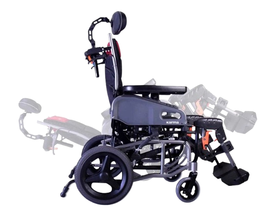 Right Side View Of The Karman VIP2-TR Tilt-In-Space Transport Wheelchair Shown Demonstrating The Tilt Back Position Function And Elevating Leg Rests