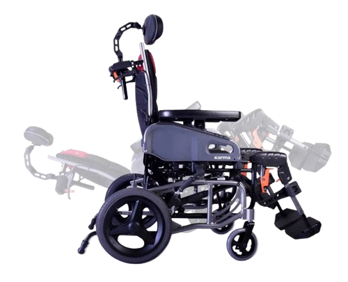 Right Side View Of The Karman VIP2-TR Tilt-In-Space Transport Wheelchair Shown Demonstrating The Tilt Back Position Function And Elevating Leg Rests