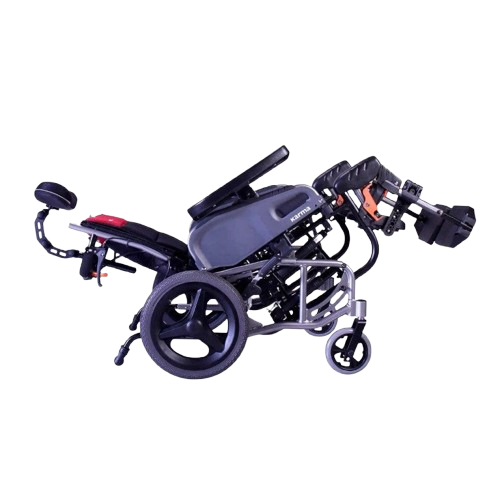 Right Side View Of The Karman VIP2-TR Tilt-In-Space Transport Wheelchair Shown In The Tilted Back Position And Elevating Leg Rests