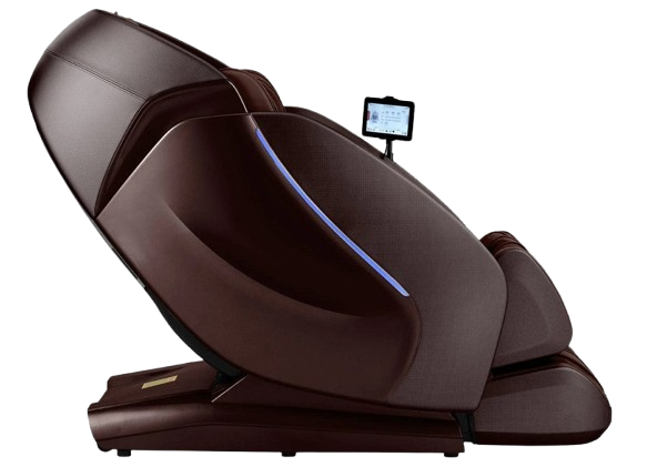 Right Side View Of The Kyota Hatsumei M900 AI 4D Massage Chair In Dark Brown Color Shown In The Upright Position