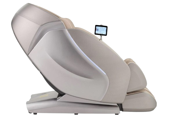 Right Side View Of The Kyota Hatsumei M900 AI 4D Massage Chair In Gray And Tan Color Shown In The Upright Position