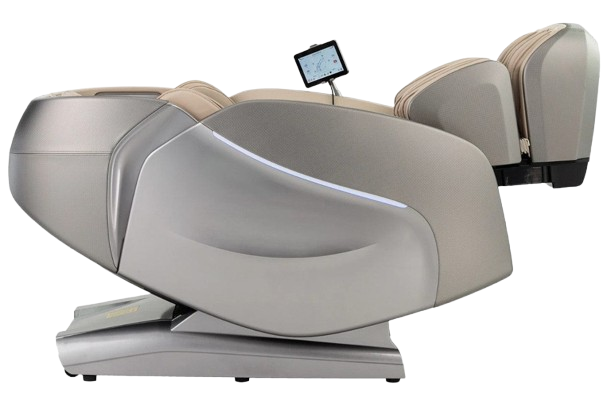 Right Side View Of The Kyota Hatsumei M900 AI 4D Massage Chair In Gray And Tan Color Shown In The Zero Gravity Reclined Position