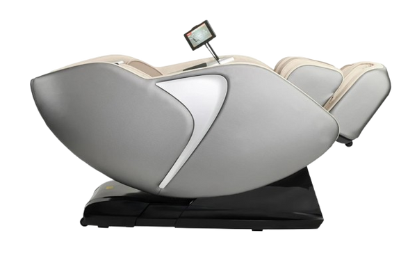 Right Side View Of The Kyota Joubu M880 4D Massage Chair In Gray And Tan Color Shown In The Zero Gravity Reclined Position