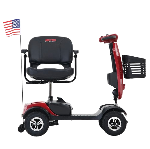 Right Side View Of The Metro Mobility Patriot 4 Wheel Mobility Scooter In Red Color Frame Shown With Seat Swiveled