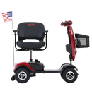 Right Side View Of The Metro Mobility Patriot 4 Wheel Mobility Scooter In Red Color Frame Shown With Seat Swiveled