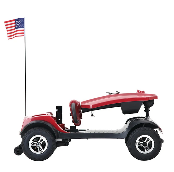 Right Side View Of The Metro Mobility Patriot 4 Wheel Mobility Scooter In Red Color Shown In The Folded Position