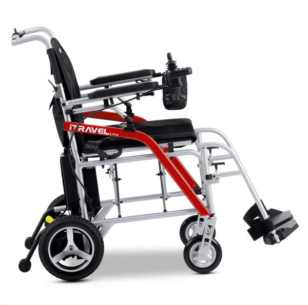 Right Side View Of The Metro Mobility iTravel Lite Lightweight Electric Wheelchair Shown In Silver Color