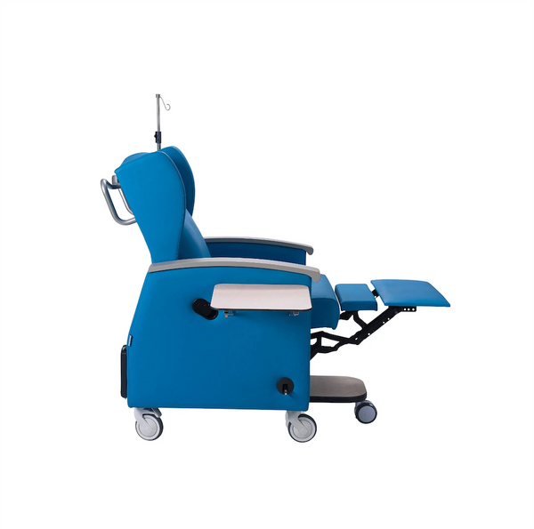 Right Side View Of The Nitrocare Aura 911 Chemotherapy Recliner Chair Shown With Legrest And Side Arm Table In The Extended Position