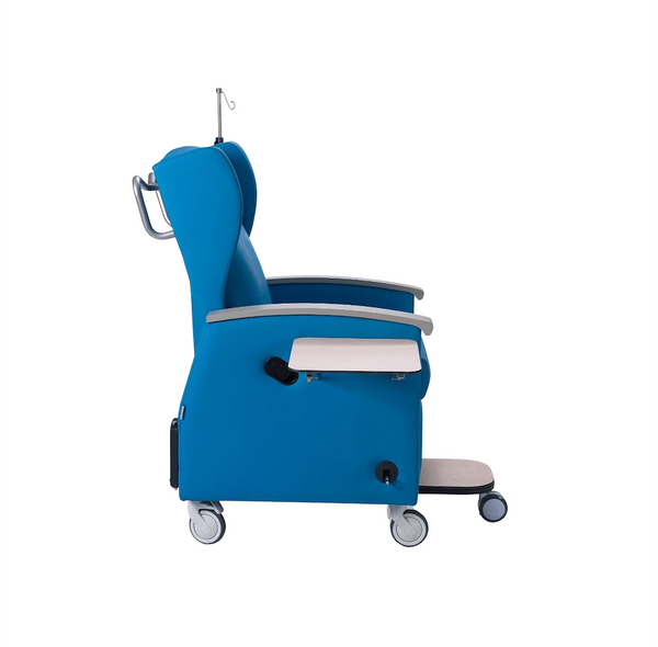 Right Side View Of The Nitrocare Aura 911 Chemotherapy Recliner Chair Shown With Side Arm Table Extended And The Under Chair Footrest Extended