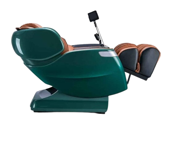 Right Side View Of The Ogawa Master Drive AI 2.0 Massage Chair | OG-8801 Shown In The Reclined Zero Gravity Position In The Emerald And Cappuccino Color