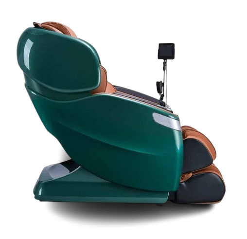 Right Side View Of The Ogawa Master Drive AI 2.0 Massage Chair | OG-8801 Shown In The Upright Chair Position In The Emerald And Cappuccino Color