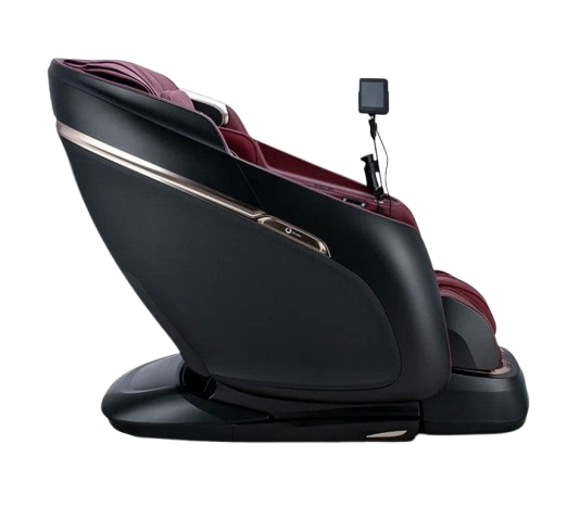 Right Side View Of The Ogawa Master Drive DUO Massage Chair | OG-8900 Shown In The Upright Chair Position In The Black And Burgundy Color