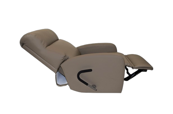 Right Side View Of The Optima Wall-Hugger Reclining Geri Chair Shown In The Fully Reclined Position In The Cocoa Color With The Upgraded EZ Reach Handle