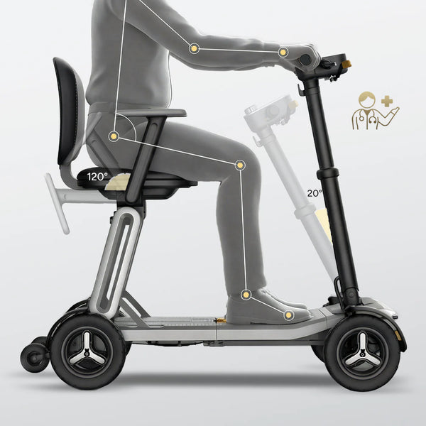 Right Side View Of The Paiseec L5 Mobility Scooter In The Upright Position And Shown In Silver Color With Measurements 