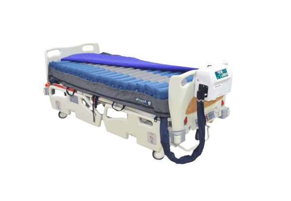Right Side View Of The Proactive Medical Protekt Aire 9900 Low Air Loss/Alternating Mattress System Shown On An Electric Hospital Bed With Control Unit Attached To The Footboard