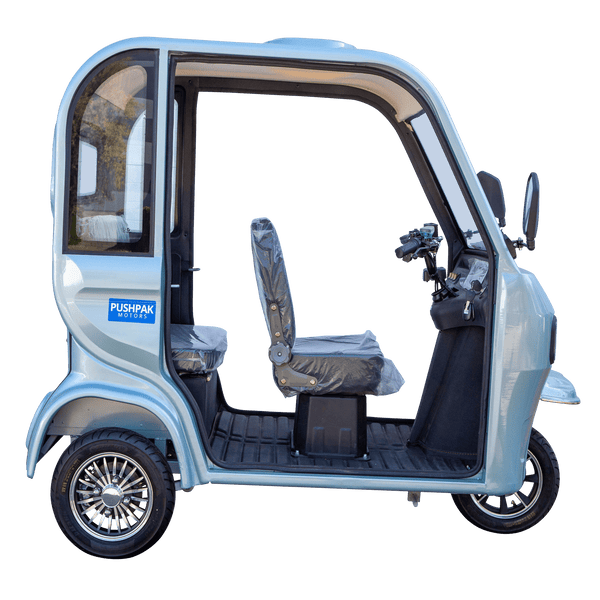 Right Side View Of The Pushpak Motors- Pushpak 7000 Three-Person Electric Scooter Shown In The Blue Color