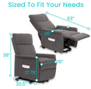 Right Side View Of The Vive Health Lift Chair Shown In The Chair Position And The Reclined Position With Dimensions Shown And Text 'Sized To Fit Your Needs'
