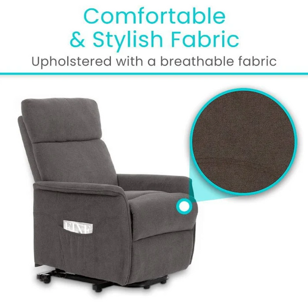 Right Side View Of The Vive Health Lift Chair Shown In The Chair Position With Text 'Comfortable And Stylish Fabric' And 'Upholstered With A Breathable Fabric'