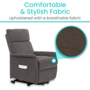 Right Side View Of The Vive Health Lift Chair Shown In The Chair Position With Text 'Comfortable And Stylish Fabric' And 'Upholstered With A Breathable Fabric'