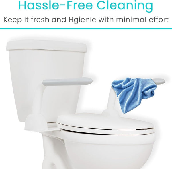 Right Side View Of The Vive Health Rise Up Toilet Rail With A Rag Seen Hanging Over The Left Side Rail With Text 'Hassle-Free Cleaning' And 'Keep It Fresh And Hygienic With Minimal Effort'.