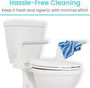 Right Side View Of The Vive Health Rise Up Toilet Rail With A Rag Seen Hanging Over The Left Side Rail With Text 'Hassle-Free Cleaning' And 'Keep It Fresh And Hygienic With Minimal Effort'.