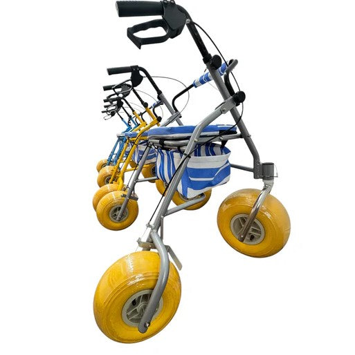Right Side View Of Three AccessRec AccessWalk® All-Terrain Beach Rollators Shown In Blue And Black, Yellow And Black, And Grey And Black Colors