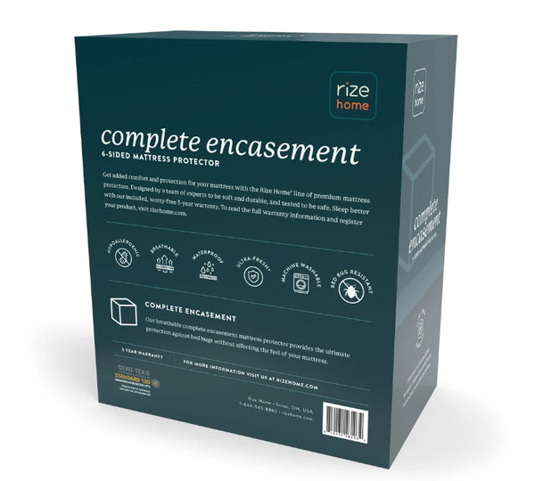 Rize Home Complete Encasement Mattress Protector Packaging With Text And Logos