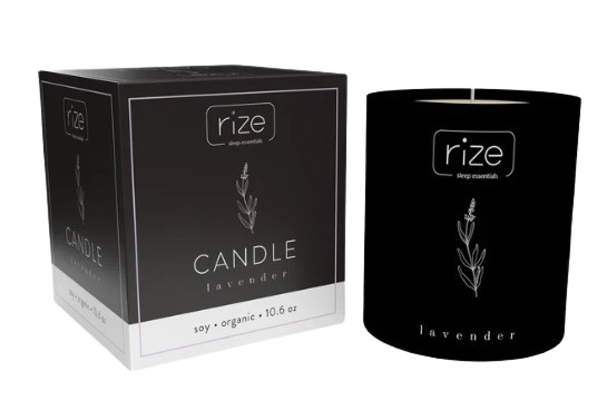 Rize Home Essential Oil Lavender Candle With Rize Branding And Lavender Label Next To Its Packaging 