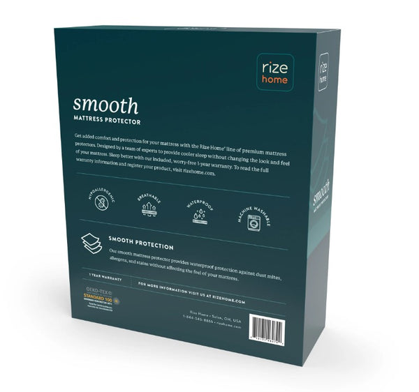 Rize Home Smooth Mattress Protector Packaging With Text And Icons 