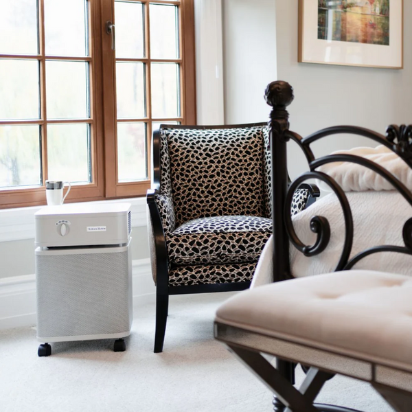 Room Interior With A Leopard Print Chair, White Ottoman, And The Austin Air Systems Bedroom Machine Air Purifier Shown In The Sandstone Color Next To The Window