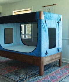 Safe Place Bedding Model 200 Back View Brown Stained Finish With Blue Colored Cover