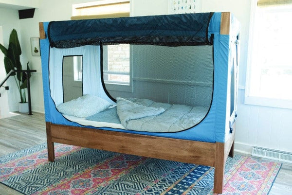 Safe Place Bedding Model 200 Brown Stain Finish Side View With Blue Colored Cover