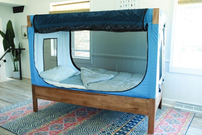 Safe Place Bedding Model 200 Brown Stain Finish Side View With Blue Colored Cover