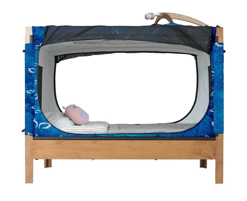 Safe Place Bedding Model 200 Side View Brown Stain Finish With Angel Wings Cover And Monitor Attachment
