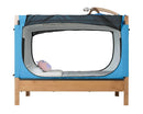 Safe Place Bedding Model 200 Side View Brown Stain Finish With Blue Cover And Monitor Attachment