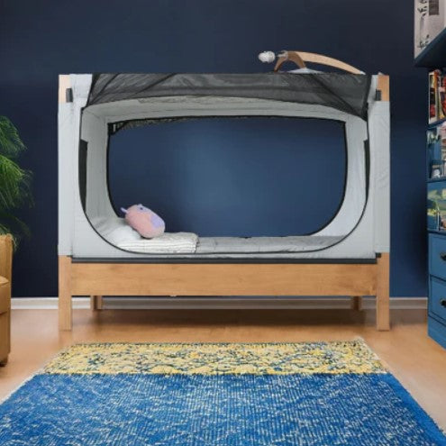Safe Place Bedding Model 200 Side View Brown Stain Finish With Gray Colored Cover And Monitor Attachment