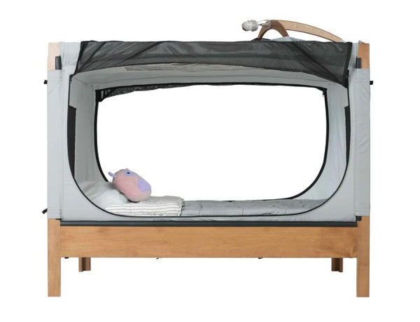 Safe Place Bedding Model 200 Side View Brown Stain Finish With Gray Cover And Monitor Attachment