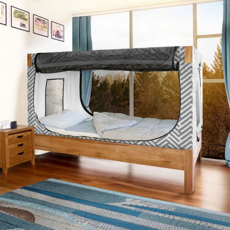 Safe Place Bedding Model 200 Side View Brown Stain Finish With ZigZag Cover