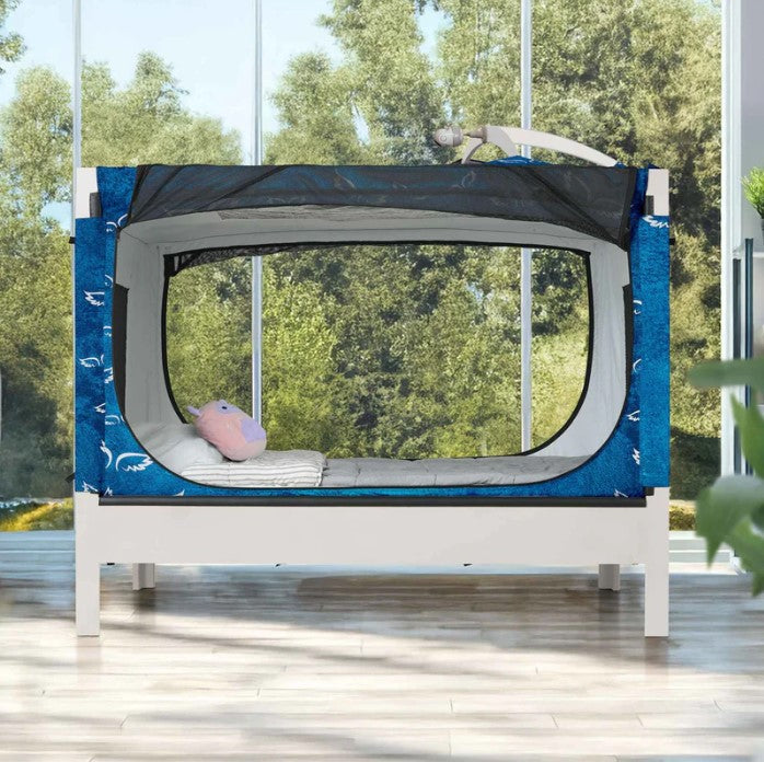 Safe Place Bedding Model 200 Side View White Paint Finish With Angel Wings Cover And Monitor Attachment