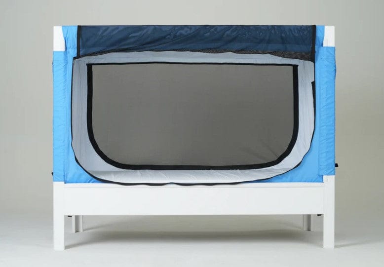 Safe Place Bedding Model 200 Side View White Paint Finish With Blue Colored Cover