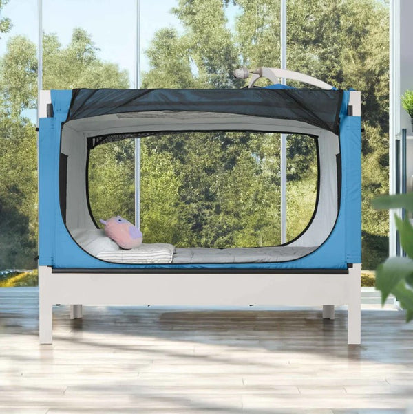 Safe Place Bedding Model 200 Side View White Paint Finish With Blue Cover And Monitor Attachment