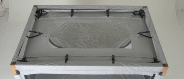 Safe Place Bedding Model 200 Top View Brown Stained Finish With Gray Colored Cover